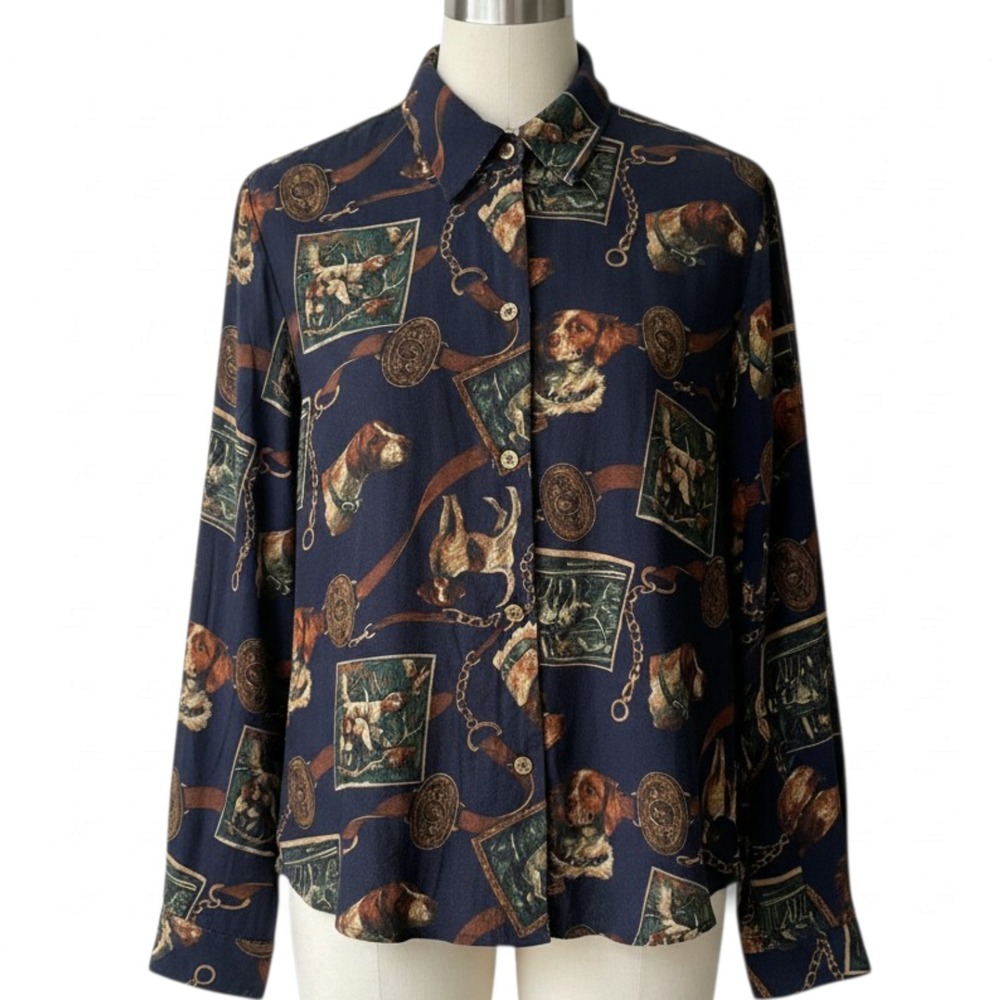 Womens PM Maximalist Baroque Canine Dog Chain Medallion Print Button Down Shirt